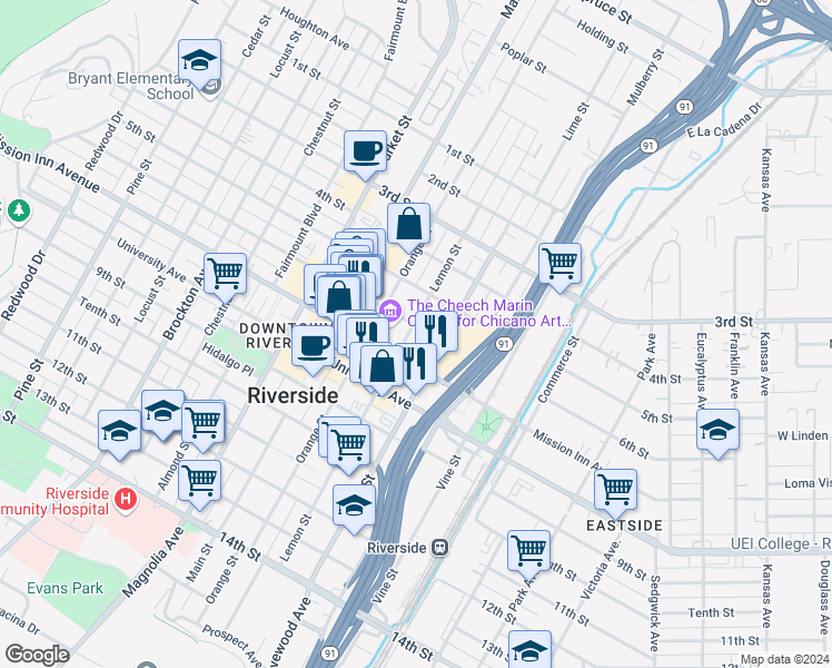 map of restaurants, bars, coffee shops, grocery stores, and more near 3606 Lemon Street in Riverside