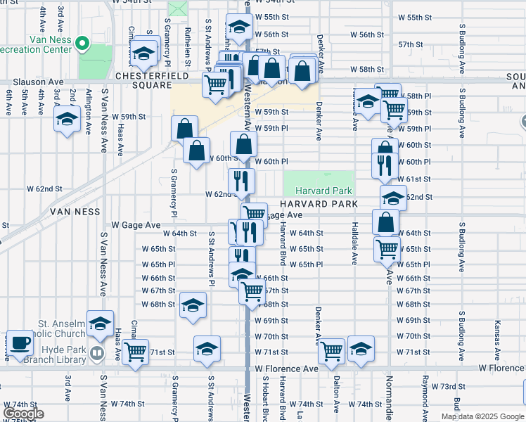 map of restaurants, bars, coffee shops, grocery stores, and more near 1739 West Gage Avenue in Los Angeles