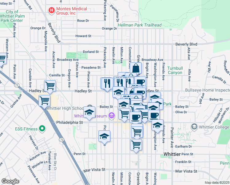 map of restaurants, bars, coffee shops, grocery stores, and more near 12708 Hadley Street in Whittier