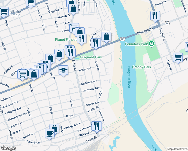 map of restaurants, bars, coffee shops, grocery stores, and more near 1227 Jessamine Street in Cayce