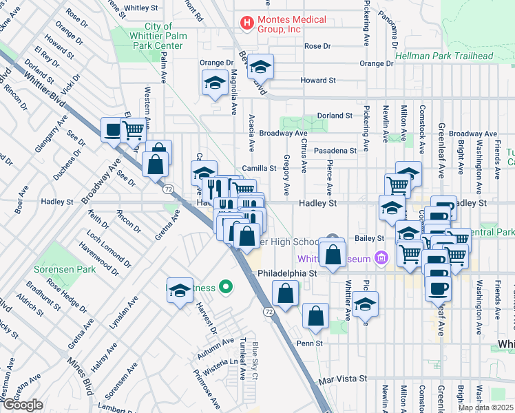 map of restaurants, bars, coffee shops, grocery stores, and more near 12006 Hadley St in Whittier