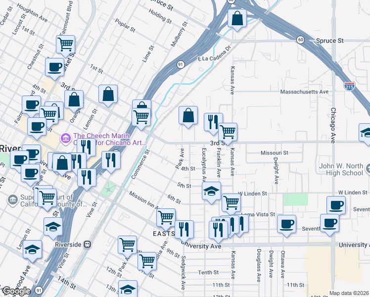 map of restaurants, bars, coffee shops, grocery stores, and more near 2486 3rd Street in Riverside