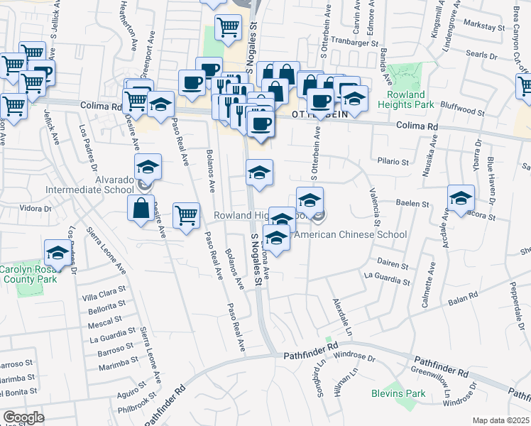 map of restaurants, bars, coffee shops, grocery stores, and more near 19020 Leslie Lane in Rowland Heights