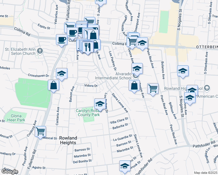 map of restaurants, bars, coffee shops, grocery stores, and more near 2033 Sierra Leone Avenue in Rowland Heights