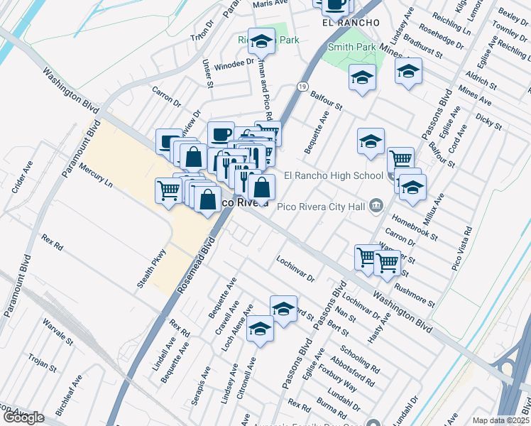 map of restaurants, bars, coffee shops, grocery stores, and more near 9055 Washington Boulevard in Pico Rivera