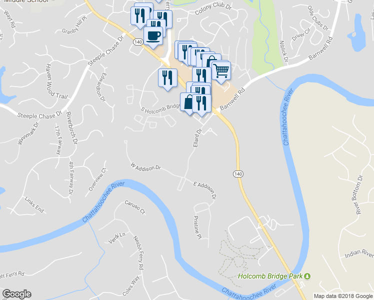 map of restaurants, bars, coffee shops, grocery stores, and more near 8643 Ellard Drive in Alpharetta