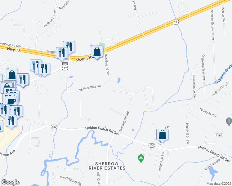 map of restaurants, bars, coffee shops, grocery stores, and more near 2727 Redgray Way Southwest in Shallotte
