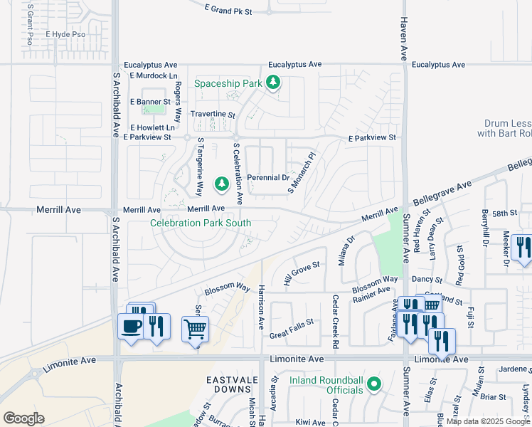 map of restaurants, bars, coffee shops, grocery stores, and more near 3155 East Chip Smith Way in Ontario