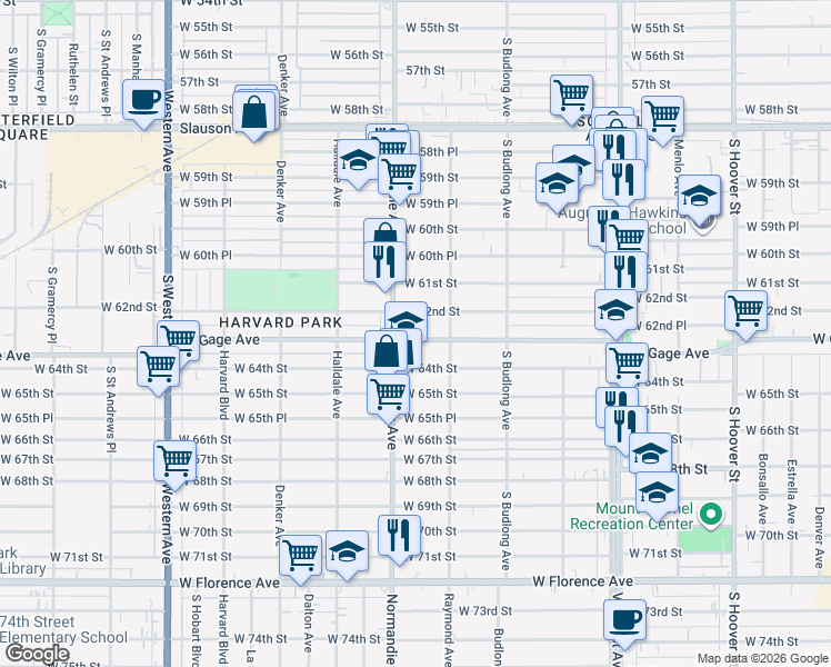 map of restaurants, bars, coffee shops, grocery stores, and more near 1337 West Gage Avenue in Los Angeles