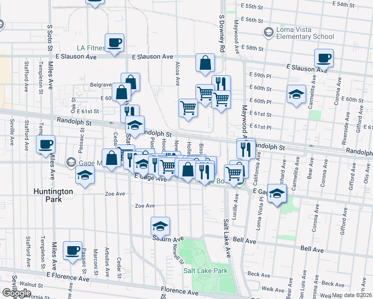 map of restaurants, bars, coffee shops, grocery stores, and more near 6231 Hollenbeck Street in Huntington Park