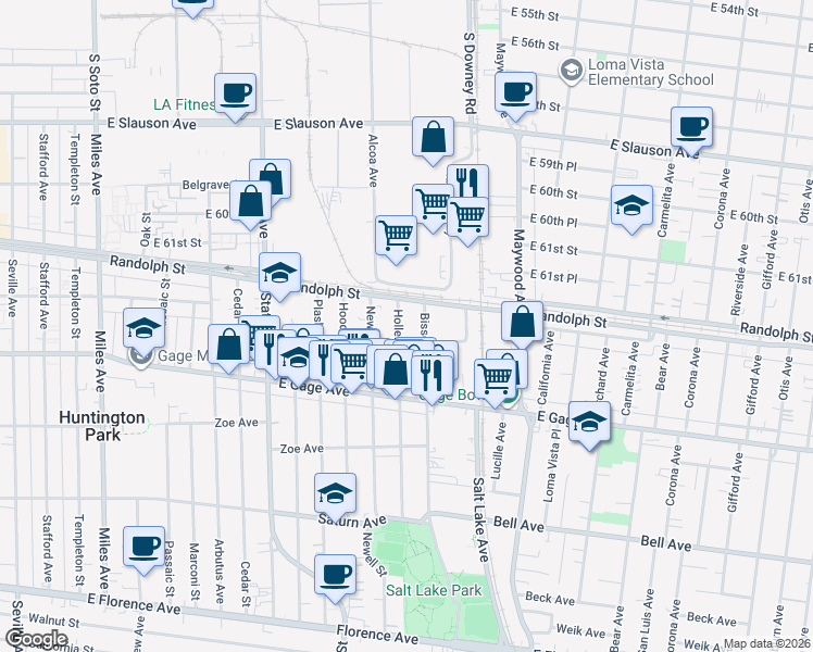 map of restaurants, bars, coffee shops, grocery stores, and more near 6231 Hollenbeck Street in Huntington Park