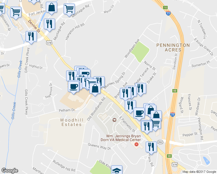 map of restaurants, bars, coffee shops, grocery stores, and more near 718 Munsen Spring Drive in Columbia