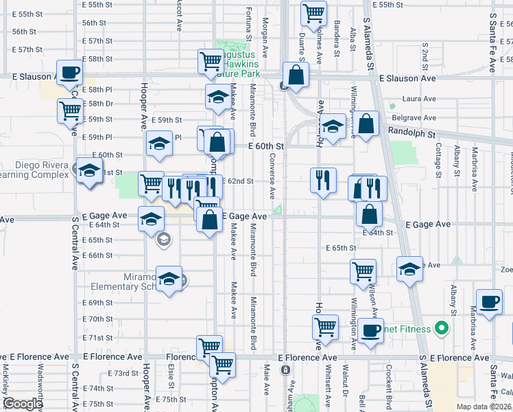 map of restaurants, bars, coffee shops, grocery stores, and more near 6318 Miramonte Boulevard in Los Angeles
