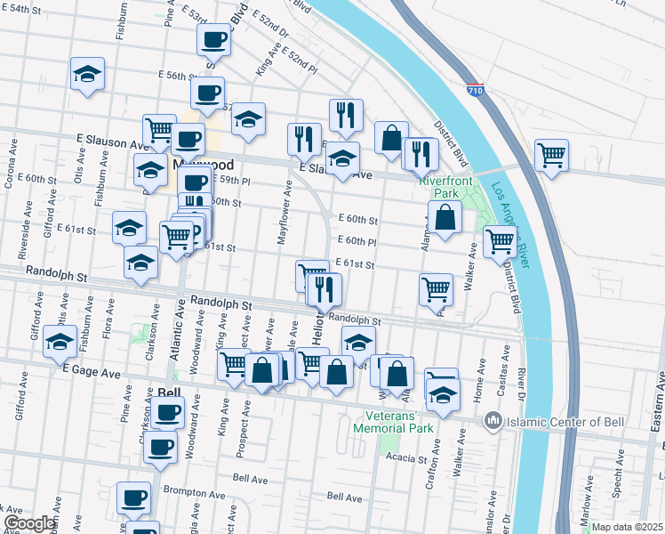map of restaurants, bars, coffee shops, grocery stores, and more near 6106 Heliotrope Avenue in Maywood