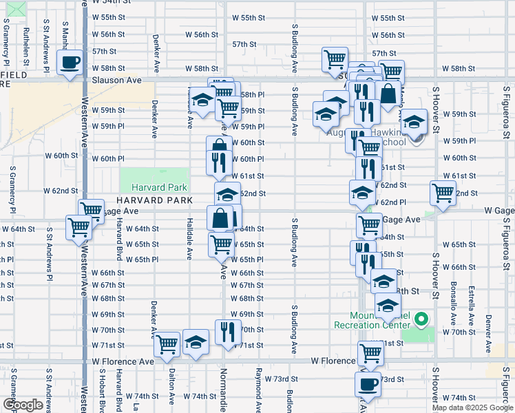map of restaurants, bars, coffee shops, grocery stores, and more near 1249 West Gage Avenue in Los Angeles