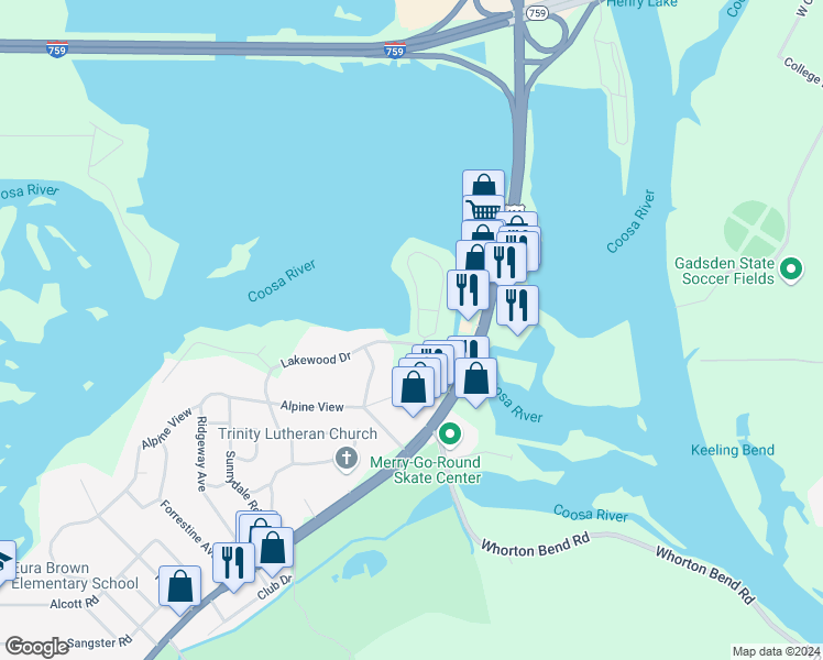 map of restaurants, bars, coffee shops, grocery stores, and more near 421 Lakepoint Drive in Gadsden