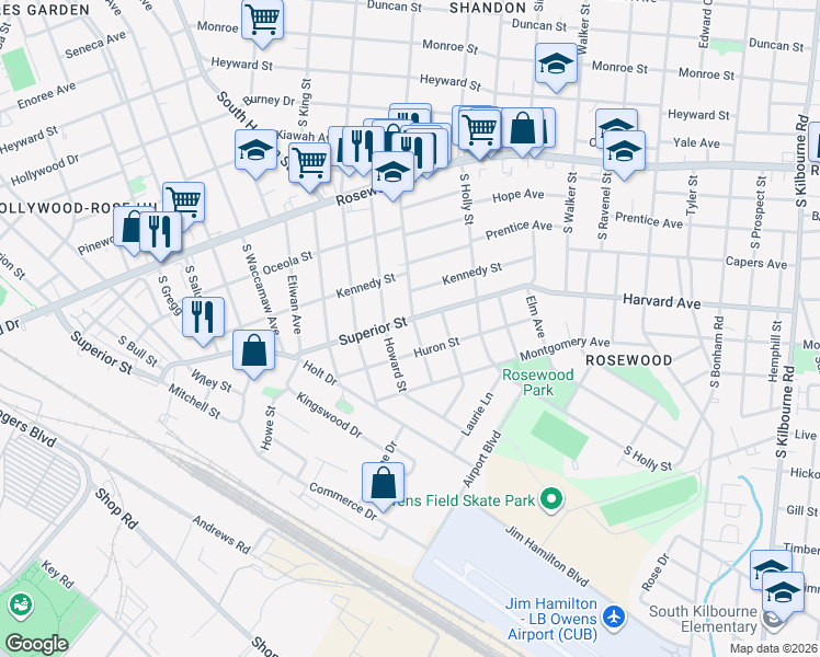 map of restaurants, bars, coffee shops, grocery stores, and more near 705 South Maple Street in Columbia