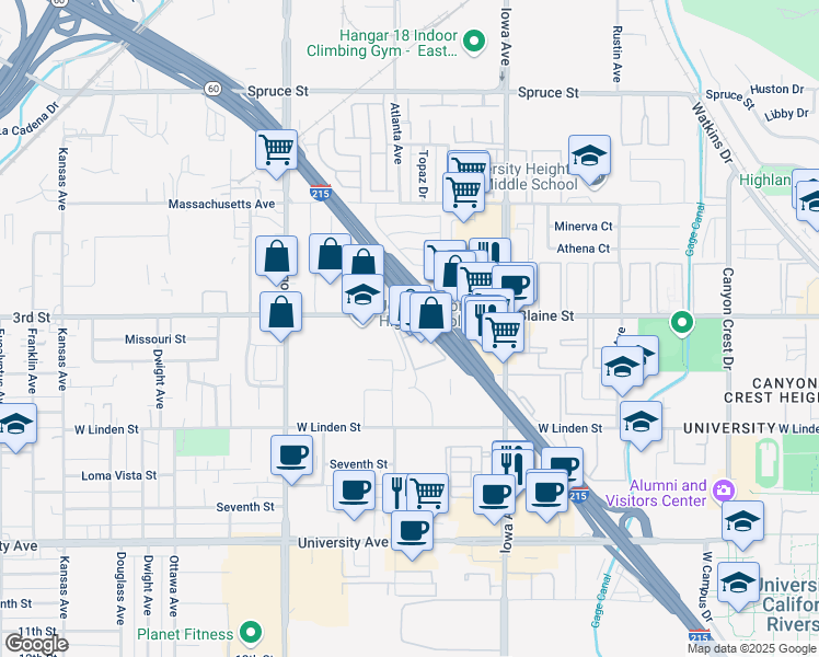 map of restaurants, bars, coffee shops, grocery stores, and more near 1410 3rd Street in Riverside