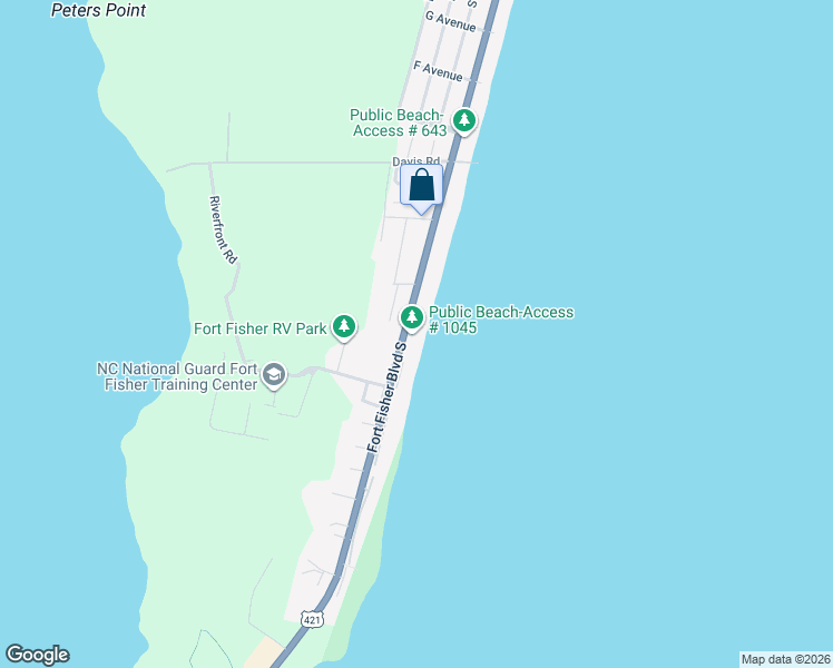 map of restaurants, bars, coffee shops, grocery stores, and more near 1043 Fort Fisher Boulevard South in Kure Beach