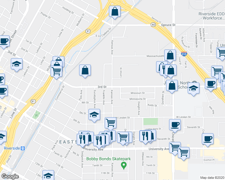 map of restaurants, bars, coffee shops, grocery stores, and more near 3320 Kansas Avenue in Riverside