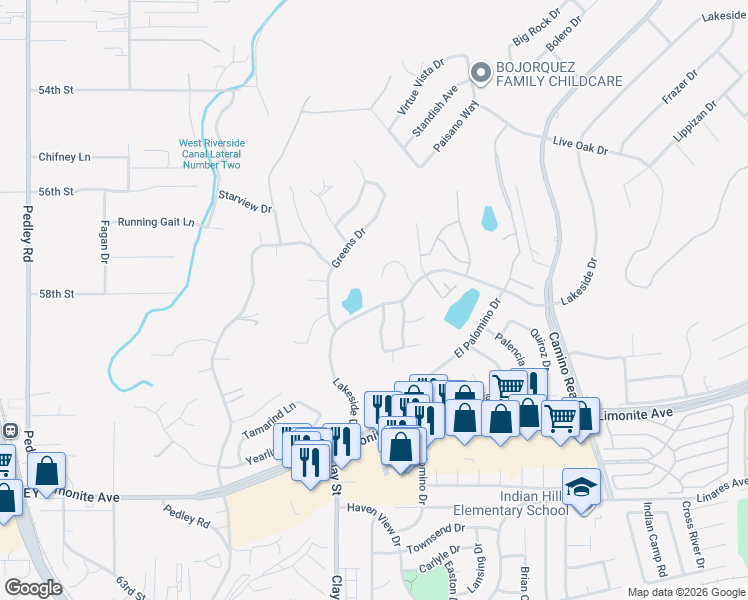 map of restaurants, bars, coffee shops, grocery stores, and more near 8105 Lakeside Drive in Riverside