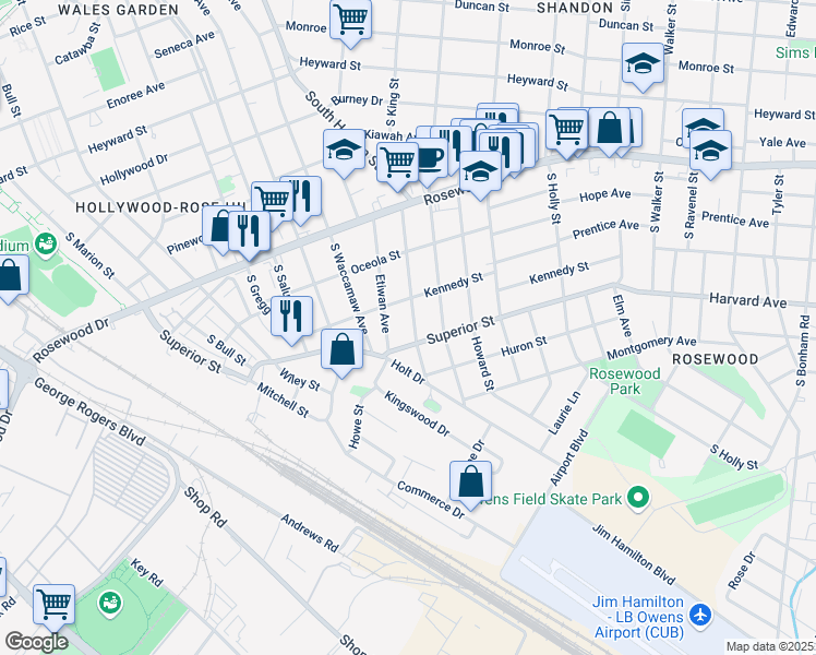 map of restaurants, bars, coffee shops, grocery stores, and more near 619 Graymont Avenue in Columbia