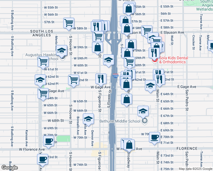 map of restaurants, bars, coffee shops, grocery stores, and more near 419 West Gage Avenue in Los Angeles