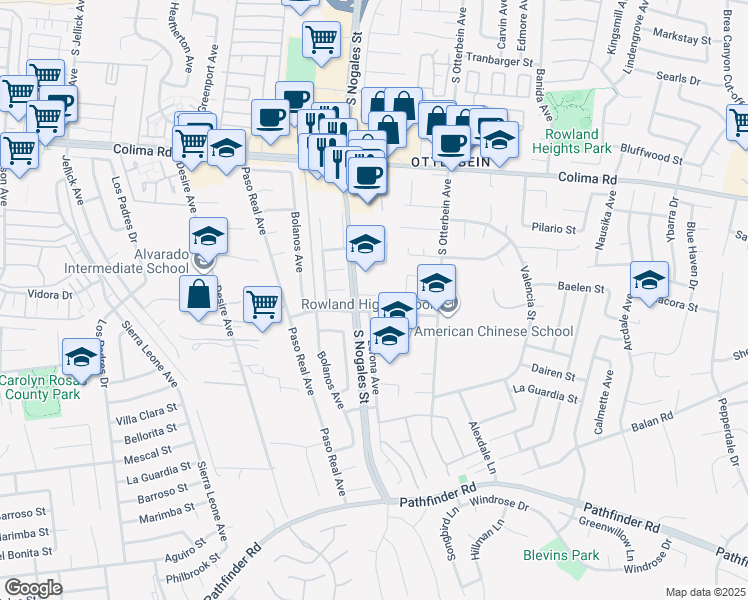 map of restaurants, bars, coffee shops, grocery stores, and more near 19020 Leslie Lane in Rowland Heights