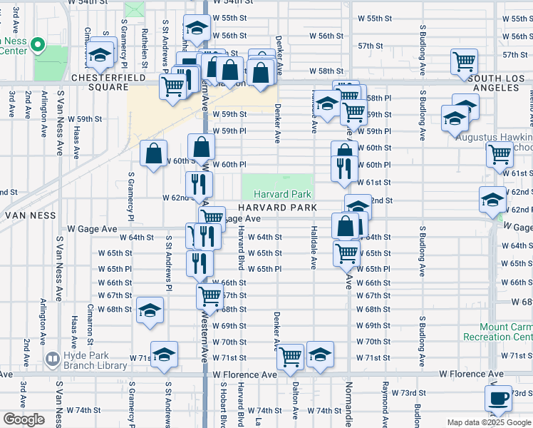 map of restaurants, bars, coffee shops, grocery stores, and more near 1619 West Gage Avenue in Los Angeles