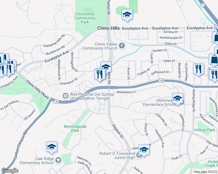 map of restaurants, bars, coffee shops, grocery stores, and more near Peyton Dr & Chino Hills Pkwy in Chino Hills