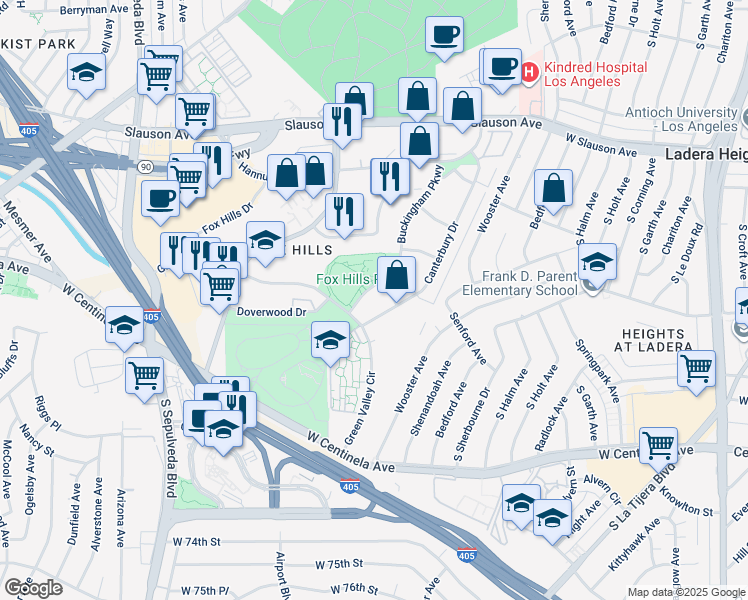 map of restaurants, bars, coffee shops, grocery stores, and more near 5625 Green Valley Circle in Culver City
