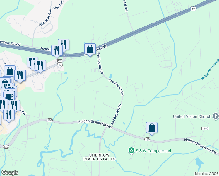 map of restaurants, bars, coffee shops, grocery stores, and more near 2727 Redgray Way Southwest in Shallotte