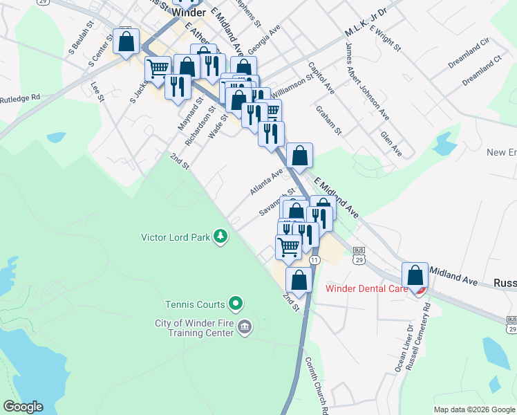 map of restaurants, bars, coffee shops, grocery stores, and more near 41 Savannah Street in Winder