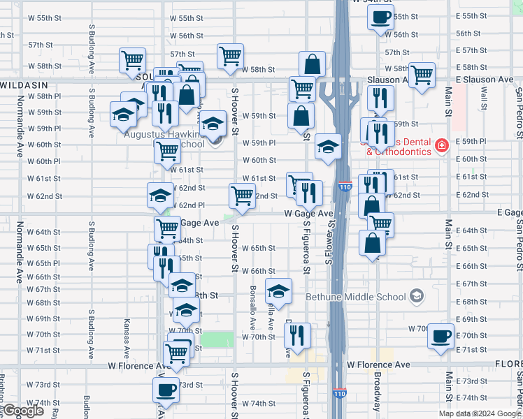 map of restaurants, bars, coffee shops, grocery stores, and more near 667 West Gage Avenue in Los Angeles
