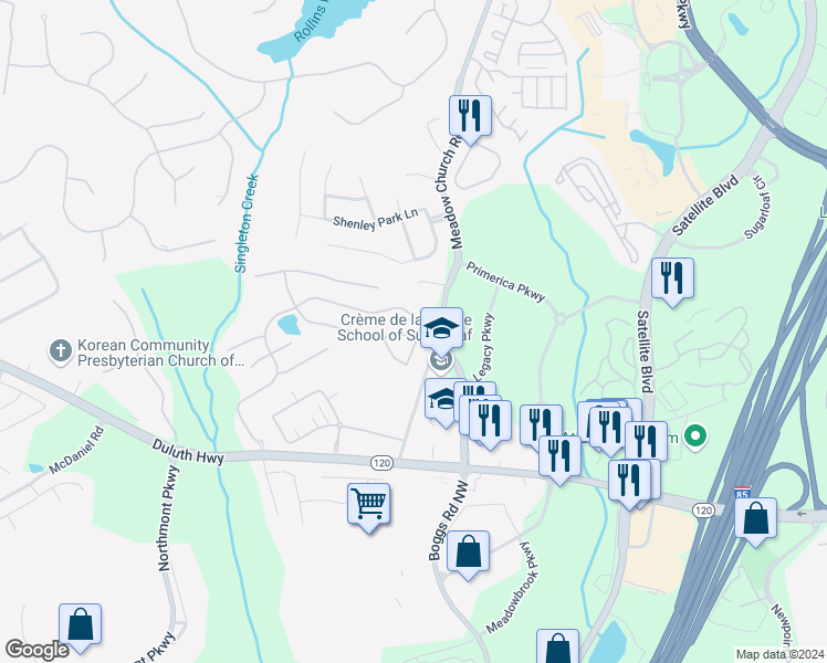 map of restaurants, bars, coffee shops, grocery stores, and more near 2398 Larkspur Run Drive in Duluth