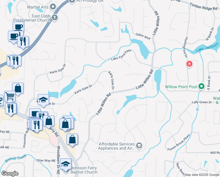 map of restaurants, bars, coffee shops, grocery stores, and more near 4345 Karls Gate Drive in Marietta