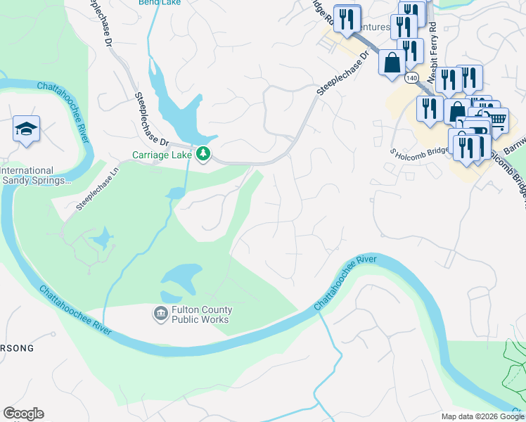 map of restaurants, bars, coffee shops, grocery stores, and more near 220 Sandtrap Way in Roswell