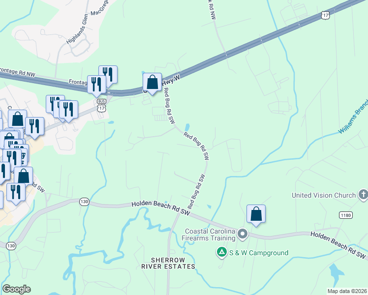 map of restaurants, bars, coffee shops, grocery stores, and more near 2727 Redgray Way Southwest in Shallotte