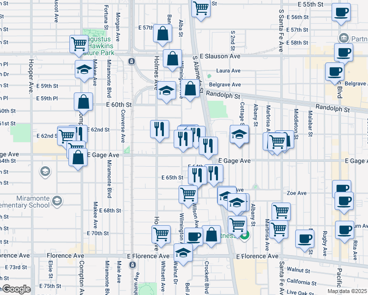 map of restaurants, bars, coffee shops, grocery stores, and more near 6300 Wilmington Avenue in Los Angeles