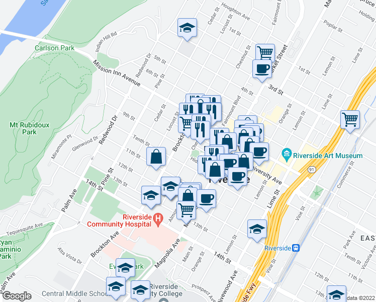 map of restaurants, bars, coffee shops, grocery stores, and more near 3907 Chestnut Street in Riverside