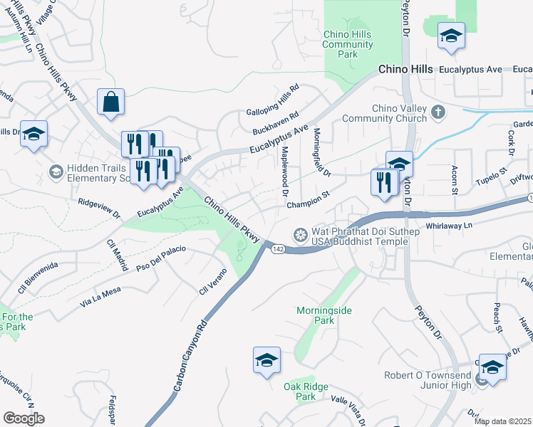 map of restaurants, bars, coffee shops, grocery stores, and more near 14913 Little Bend Road in Chino Hills