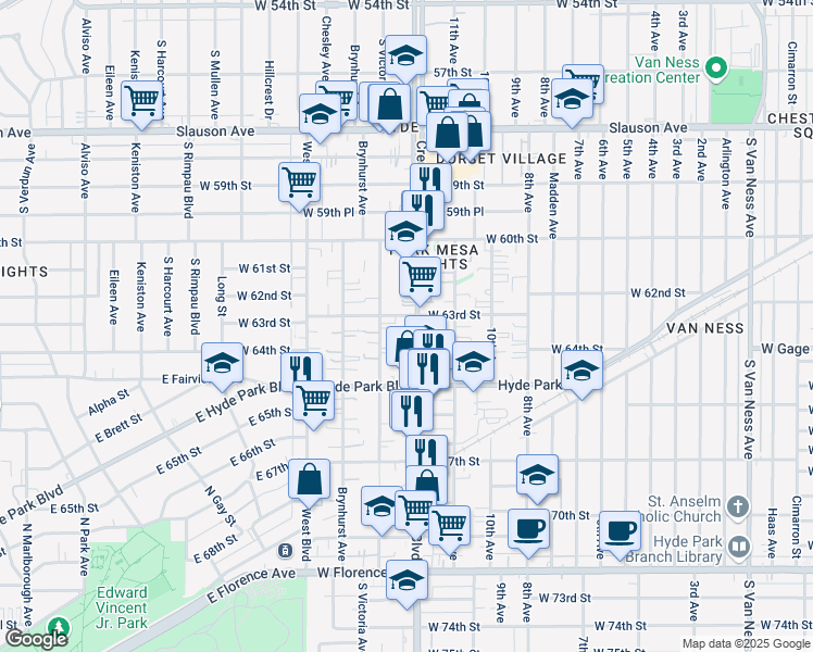 map of restaurants, bars, coffee shops, grocery stores, and more near 6307 Crenshaw Boulevard in Los Angeles