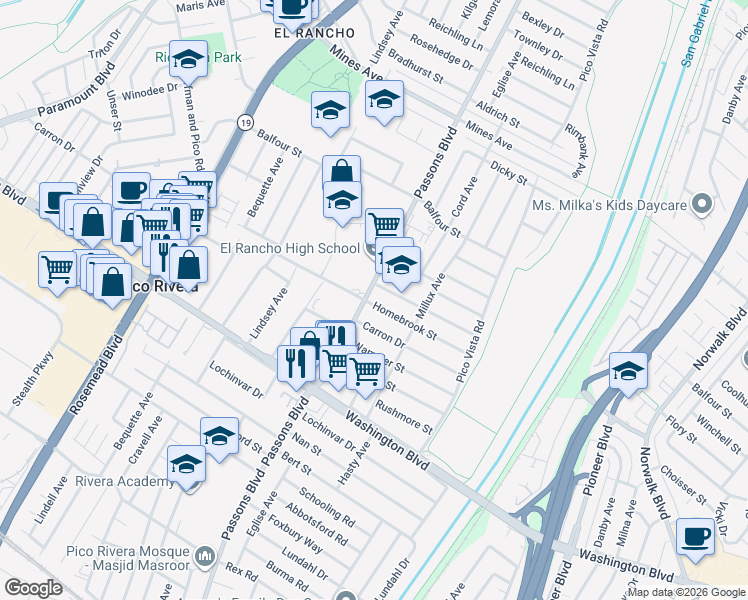 map of restaurants, bars, coffee shops, grocery stores, and more near 9407 Homebrook Street in Pico Rivera