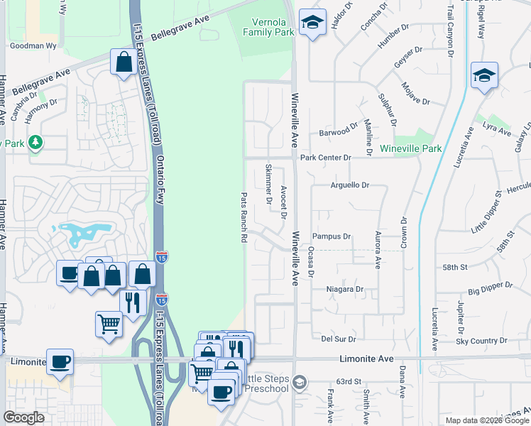 map of restaurants, bars, coffee shops, grocery stores, and more near 5719 Skimmer Drive in Jurupa Valley