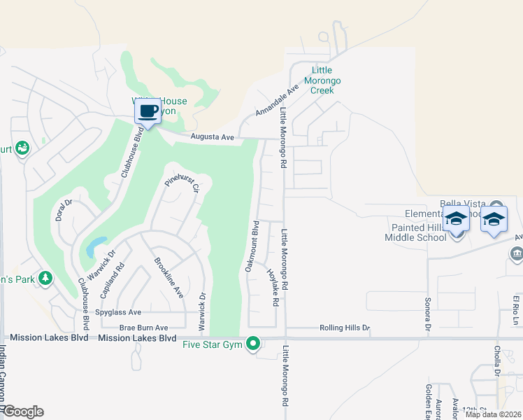 map of restaurants, bars, coffee shops, grocery stores, and more near 9100 Oakmount Boulevard in Desert Hot Springs