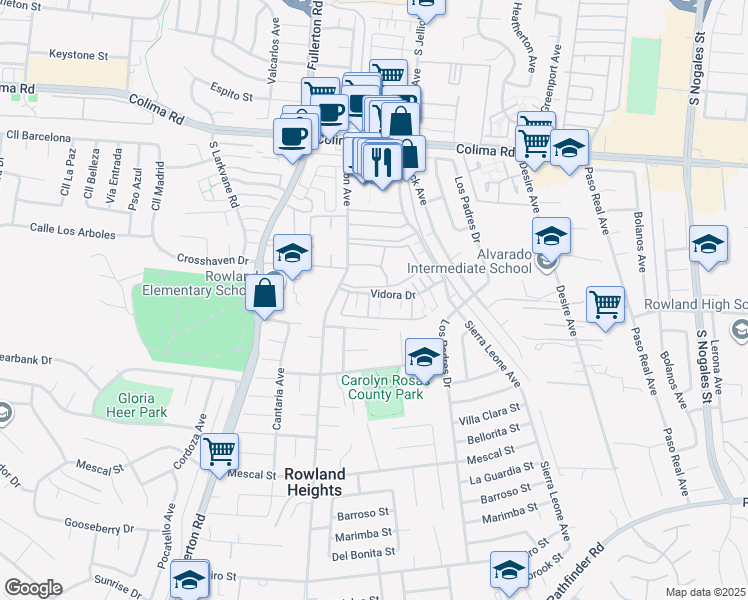 map of restaurants, bars, coffee shops, grocery stores, and more near 2005 Duenas Drive in Rowland Heights