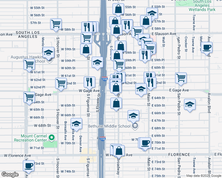 map of restaurants, bars, coffee shops, grocery stores, and more near 329 West Gage Avenue in Los Angeles