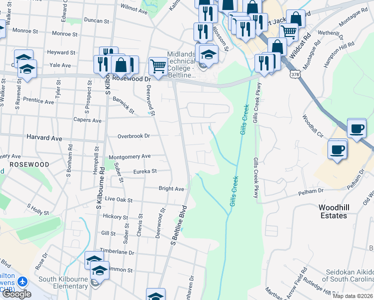 map of restaurants, bars, coffee shops, grocery stores, and more near 612 South Beltline Boulevard in Columbia