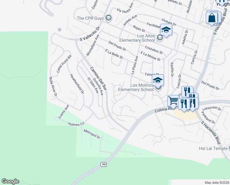 map of restaurants, bars, coffee shops, grocery stores, and more near 15420 Shadow Ridge Lane in Hacienda Heights