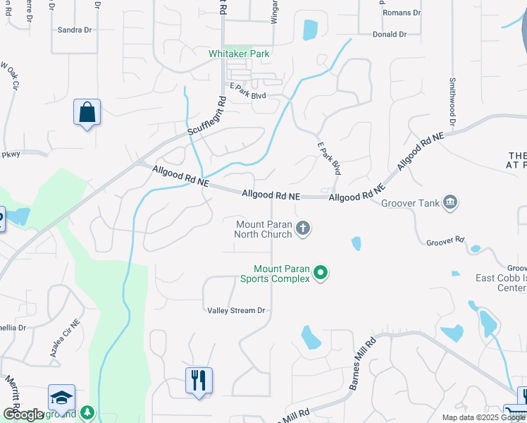 map of restaurants, bars, coffee shops, grocery stores, and more near 1285 Rockcrest Drive in Marietta